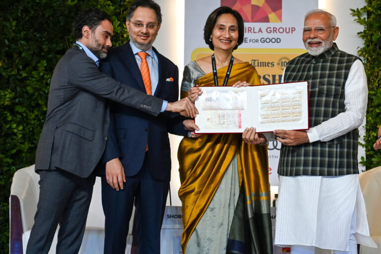 Prime Minister Narendra Modi with Shobhana Bhartia, chairperson and editorial director of HT Media Ltd, on Saturday (L-R_ Shamit Bhartia, Priyavrat Bhartia, Shobhana Bhartia, Hon. Prime Minist